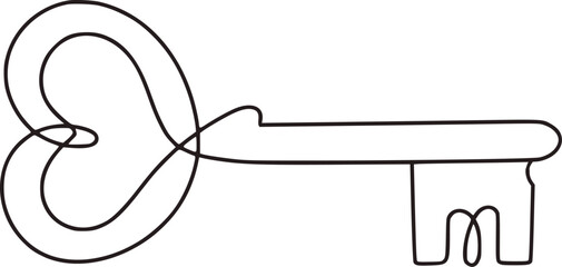 Single line drawing of a key outline black and white