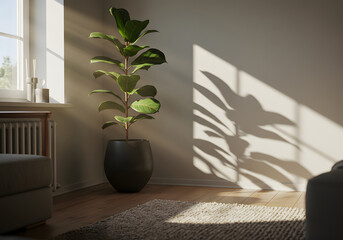Indoor fig tree plant interior design home decor sunlight shadows modern living room houseplant ficus lyrata