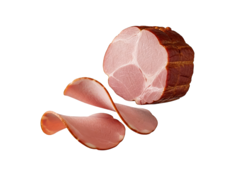 Whole cooked ham with brown skin and pink meat, two thin slices curled underneath