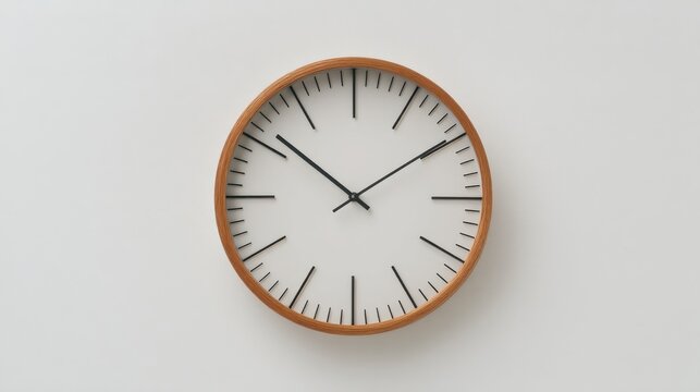 A minimalist wall-mounted analog clock with a light brown oval wooden frame and white face features black hour markers a