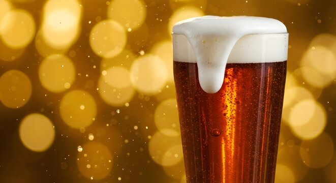 Pouring a refreshing craft beer with creamy foam against a golden bokeh background perfect for bar promotions or brewery advertising campaigns