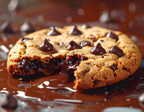 Extreme close-up of chocolate chip melting on cookie with glossy surface