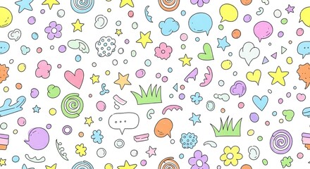 Whimsical Hand-Drawn Dotted Pattern Featuring Pastel Colored Stars Hearts Clouds Flowers Crowns and Speech Bubbles on a Clean White Background Ideal