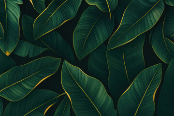 Tropical Green Leaves Pattern with Golden Veins