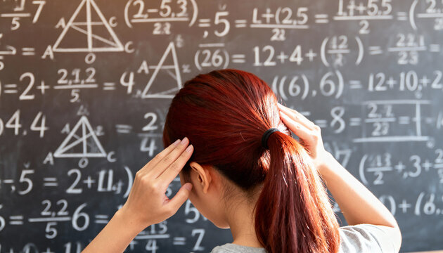 Student solving complex mathematical equations on blackboard, focusing on challenging algebra and geometry problems in classroom