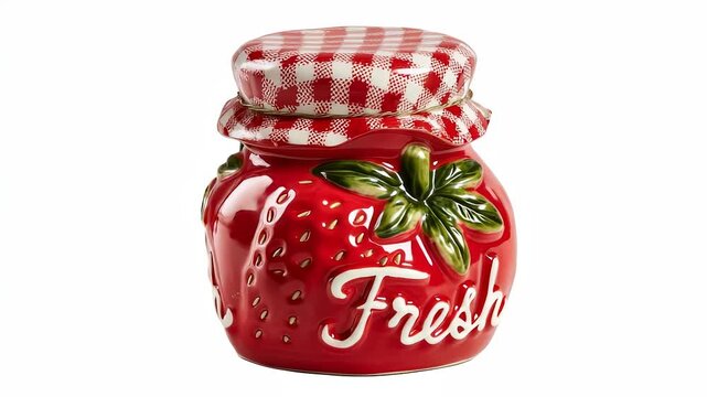 A ceramic strawberry-shaped jar with a red checkered lid and the word 'Fresh' in white sits on a surface. The strawberry jar and the checkered lid stand out in the scene.