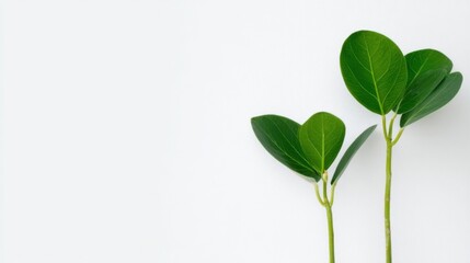A minimalist botanical composition featuring large dark green oval leaves attached to light green stems against a plain 
