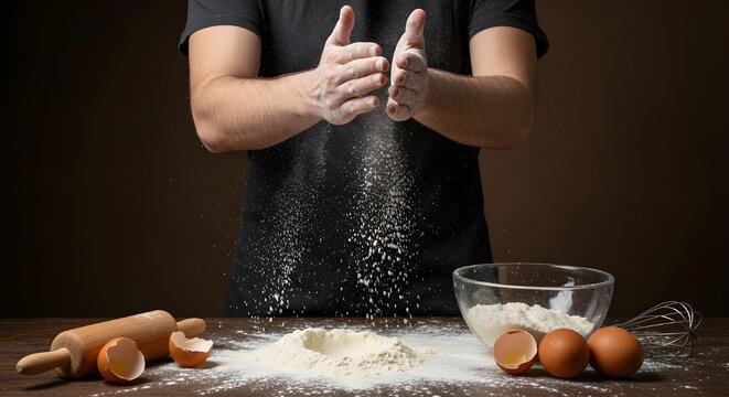 Baking magic with flour and eggs, artisan baker creates delicious dough in rustic kitchen, perfect for culinary blogs and recipe promotions