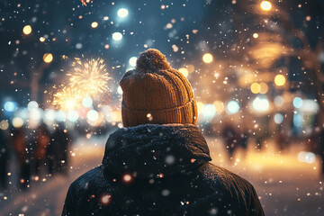 Dreamy Winter Night with a Person Admiring Sparkling Fireworks in Festive Holiday Atmosphere, Generative AI