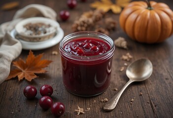 Cranberry sauce in a small glass jar, vintage spoon beside, natural warm lighting, cozy autumn style.