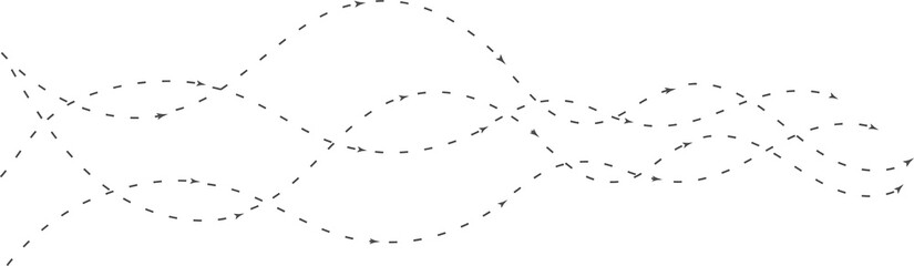 Curved dotted lines with arrowheads indicate movement. Simple diagram for logistics, planning or data flow visualization. Directional graphic for process, workflow or system navigation design.