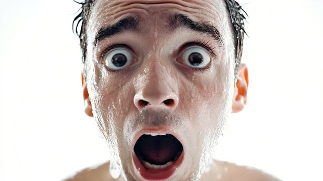 A close-up shot of a person with a startled facial expression