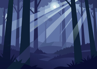 cinematic misty forest sun rays through trees illustration