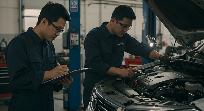 Professional mechanics meticulously inspecting car engine, one documenting findings while the other uses a flashlight for detailed work, showcasing expertise and dedication