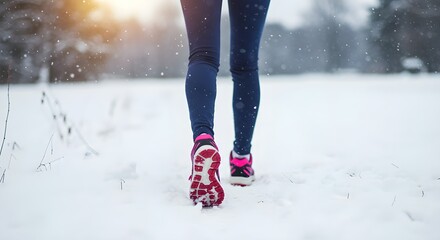 Determined woman strides through fresh snowfall on a crisp winter morning, embracing an invigorating outdoor workout session.