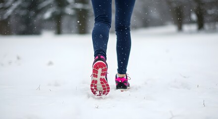 Determined woman strides through snowy winter landscape, embracing outdoor fitness and healthy lifestyle during snowfall