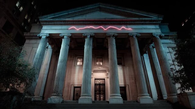 Night view of a grand neoclassical building with tall columns and stairs, highlighted by a pink neon zigzag on the pediment.