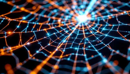 abstract glowing spider web lines on black digital background