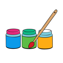 Clean flat vector design of colorful paint jars and brush for artistic projects