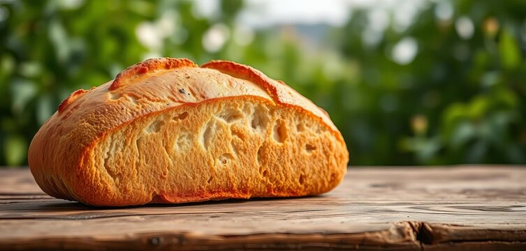 Golden-brown crusty bread loaf on rustic wooden table, blurred green nature backdrop,   organic,   autumn - Powered by Adobe