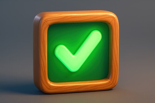 3D render glowing green checkmark inside a wooden-framed dark green square icon