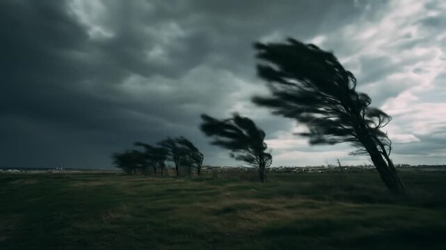 Dark storm clouds loom over a landscape with wind-swept trees bending dramatically