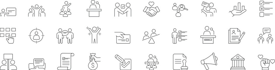  Voting and Politics Line Icon Set 30 editable outline icons featuring ballot box, vote, election, campaign, debate, political party, and democracy symbols. Perfect for civic education, government 
