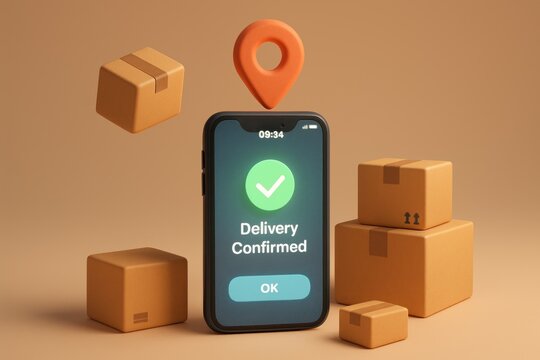 3D render Phone showing 'Delivery Confirmed', surrounded by boxes and a pin