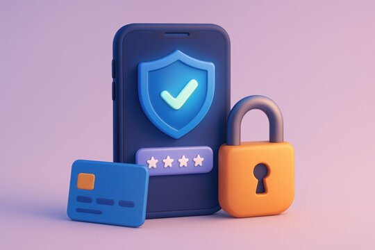 3D render smartphone, credit card, padlock symbolize digital security & online payment
