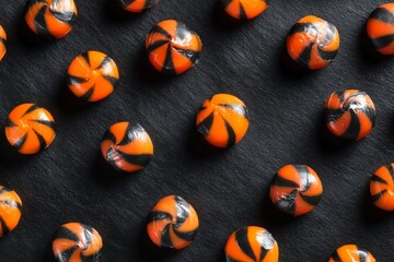 halloween candy flatlay, orange and black sweets on dark background, top-down composition 