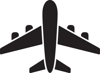 Silhouette of a passenger airplane viewed from above on a white background Keywords: airplane, aircraft, jet, plane, travel, transport, aviation, flight, wing, engine, fuselage, tail, silhouette