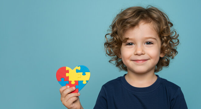 Joyful child with curly hair proudly holds a vibrant, multi-colored puzzle heart, symbolizing awareness and inclusion