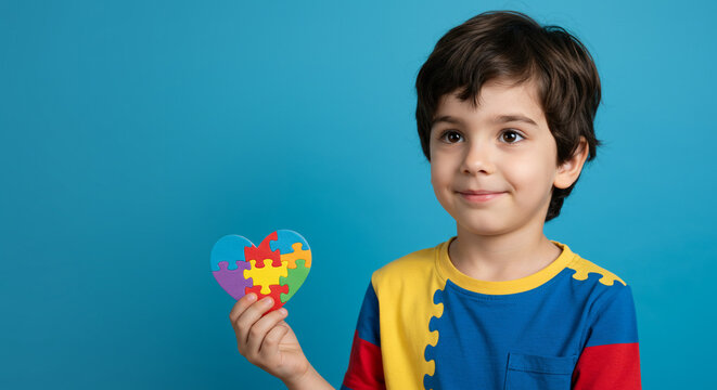Young boy with hopeful smile holds vibrant rainbow puzzle heart, symbolizing understanding and connection with autism awareness