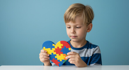 Young boy thoughtfully holds a colorful autism awareness puzzle heart, symbolizing understanding and connection