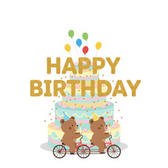 Fototapeta premium Happy birthday greeting with cute bears riding bicycle and colorful cake, festive illustration for celebration and party design