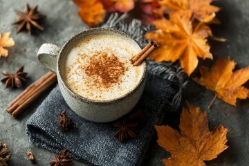 cup of pumpkin spice latte with cinnamon and autumn leaves, cozy halloween vibes