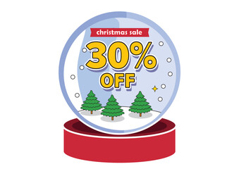 Snow globe featuring Christmas trees and a 30 percent off sale announcement. Holiday concept