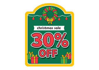 Christmas wreath and gift boxes adorn a 30 percent off sale banner for holiday promotions. Holiday concept