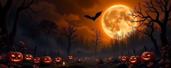 "halloween spooky night background, glowing full moon over haunted forest, pumpkins with candle lights, bats flying, misty fog, cinematic lighting, dark orange and black tone, ultra realistic"