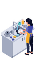 A person washing dishes in a kitchen sink with various pots and pans nearby.