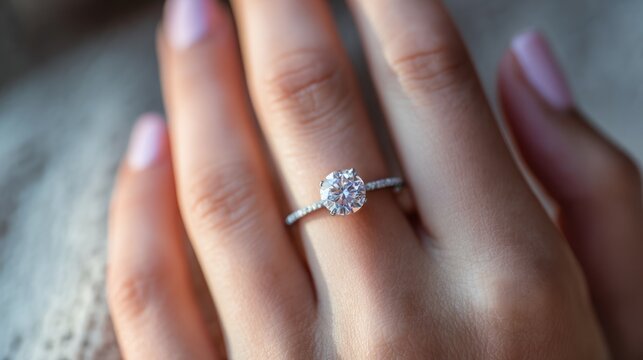 Close-up of a hand with a diamond ring. Light pink nails with a blurred lace background - Powered by Adobe