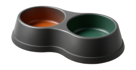 Durable resin double bowls with non-slip grip for outdoor feeding on a patio.