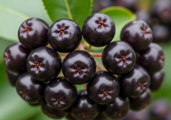Fototapeta premium Aronia melanocarpa, commonly known as black chokeberry, displaying its dark and clustered berries, against a green
