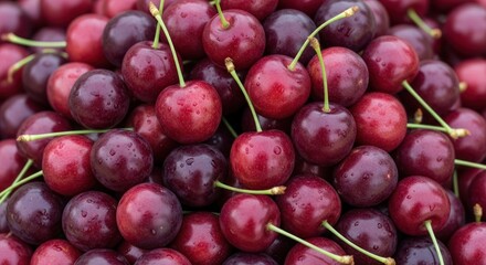 A vibrant pile of ripe, glistening red cherries, some with green stems, ready to eat