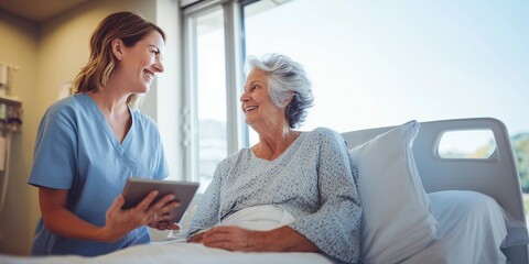 Caregiver in medical scrubs,stand beside senior patient sitting on hospital bed,copy space,banner.