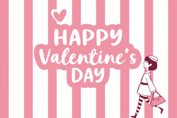 “Happy Valentine’s Day” white typography on pink stripes, simple trendy vector for U.S. romantic designs.

