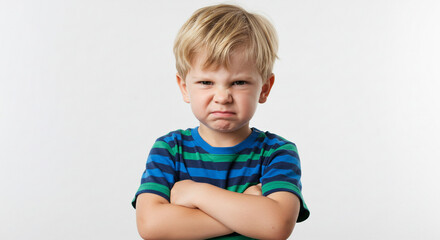Adorable young boy expressing frustration with crossed arms and a grumpy facial expression, perfect for depicting childhood emotions and challenges