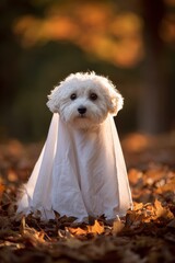 cute dog dressed as a ghost with white sheet, sitting in autumn leaves, golden hour light 