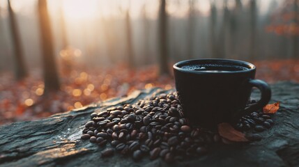 Savoring a warm cup of coffee amidst the serene beauty of a misty autumn forest with golden sunlight filtering through the trees, creating a cozy and inviting atmosphere for a peaceful morning.