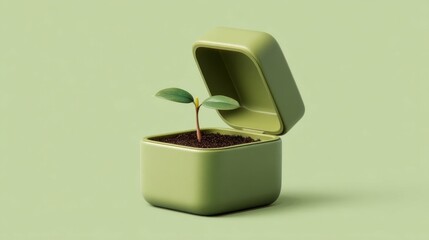 An open square container with rounded edges holds dark soil nurturing a small sprouting plant against a plain green back